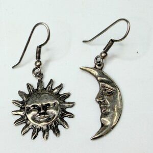 Vintage Sterling Silver Sun & Moon Asymmetric Drop Earrings 1 3/8” JR1289